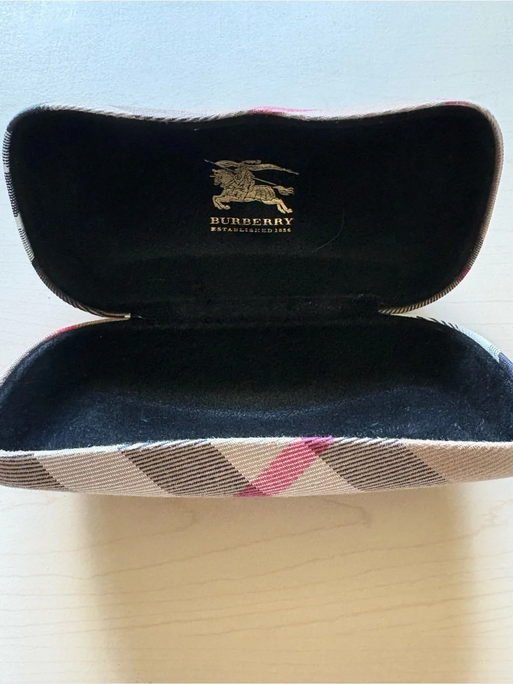 Burberry Tan Plaid Glasses Case with Pink and Black Stripes